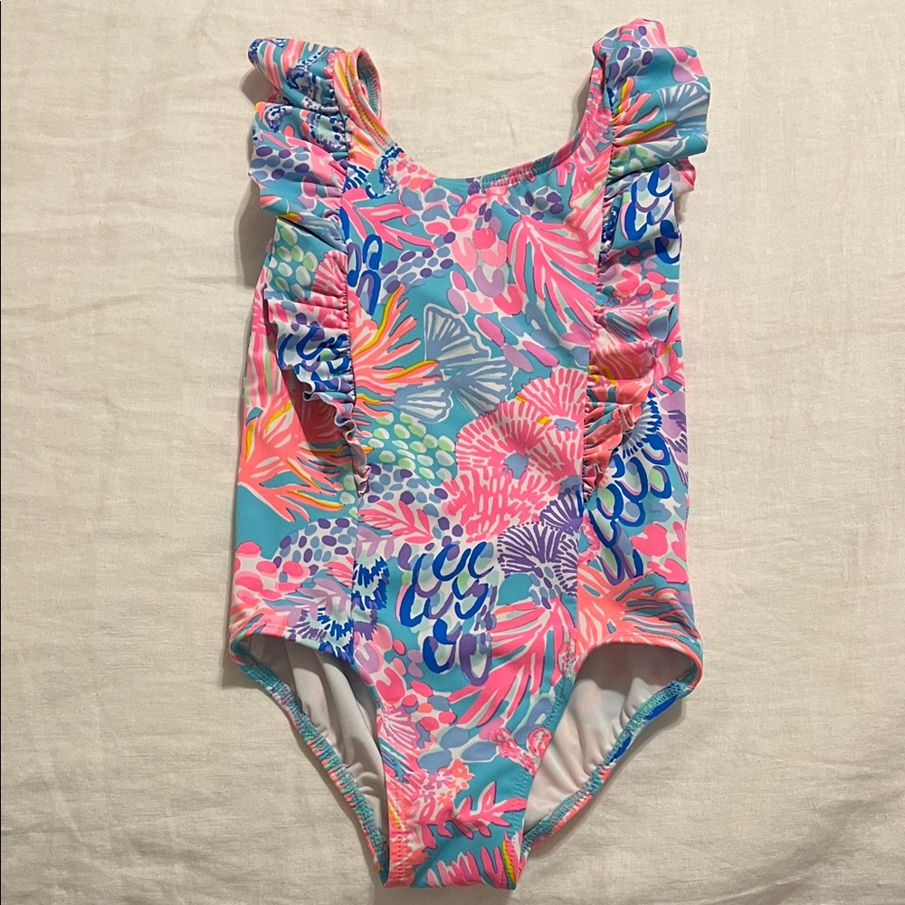 Lilly Pulitzer very gently worn Pink & Aqua Floral Ruffle One-Piece Swim